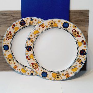 Set of Two Sakura Debbie Mumm Teapots 10 7/8" Dinner Plate Blue Band and checks